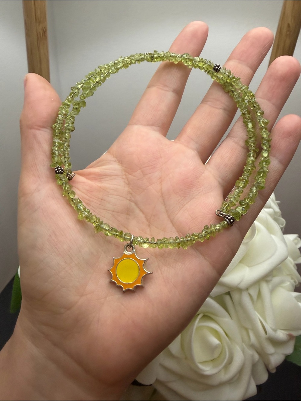 Peridot Green Sun Charm Beaded Necklace